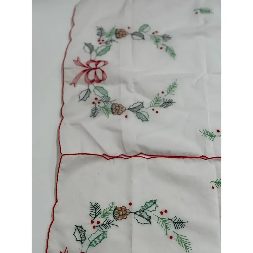 Vintage Hand Embroidered Christmas Dresser Scarves Wreath Holly Set of 2
